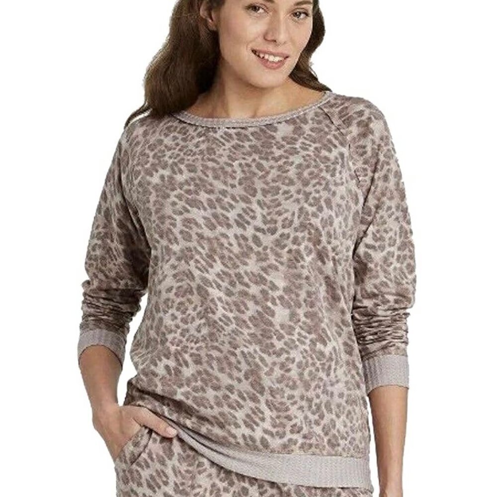 Knox Rose Womens Tan Leopard Animal Print Raw Edge Pullover Sweatshirt Large
